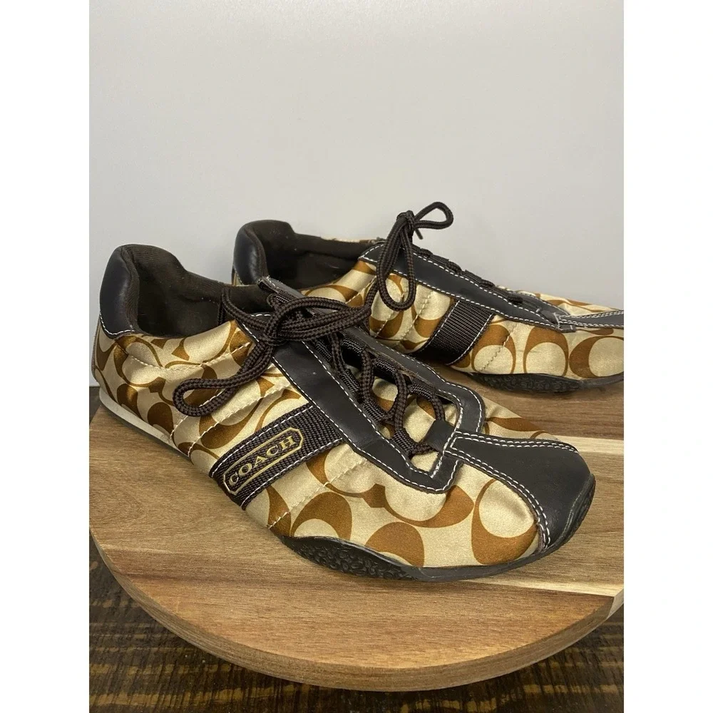 Woman's COACH Kirby Size 8 Sateen Tennis Sneakers Shoes Signature Brown and Tan